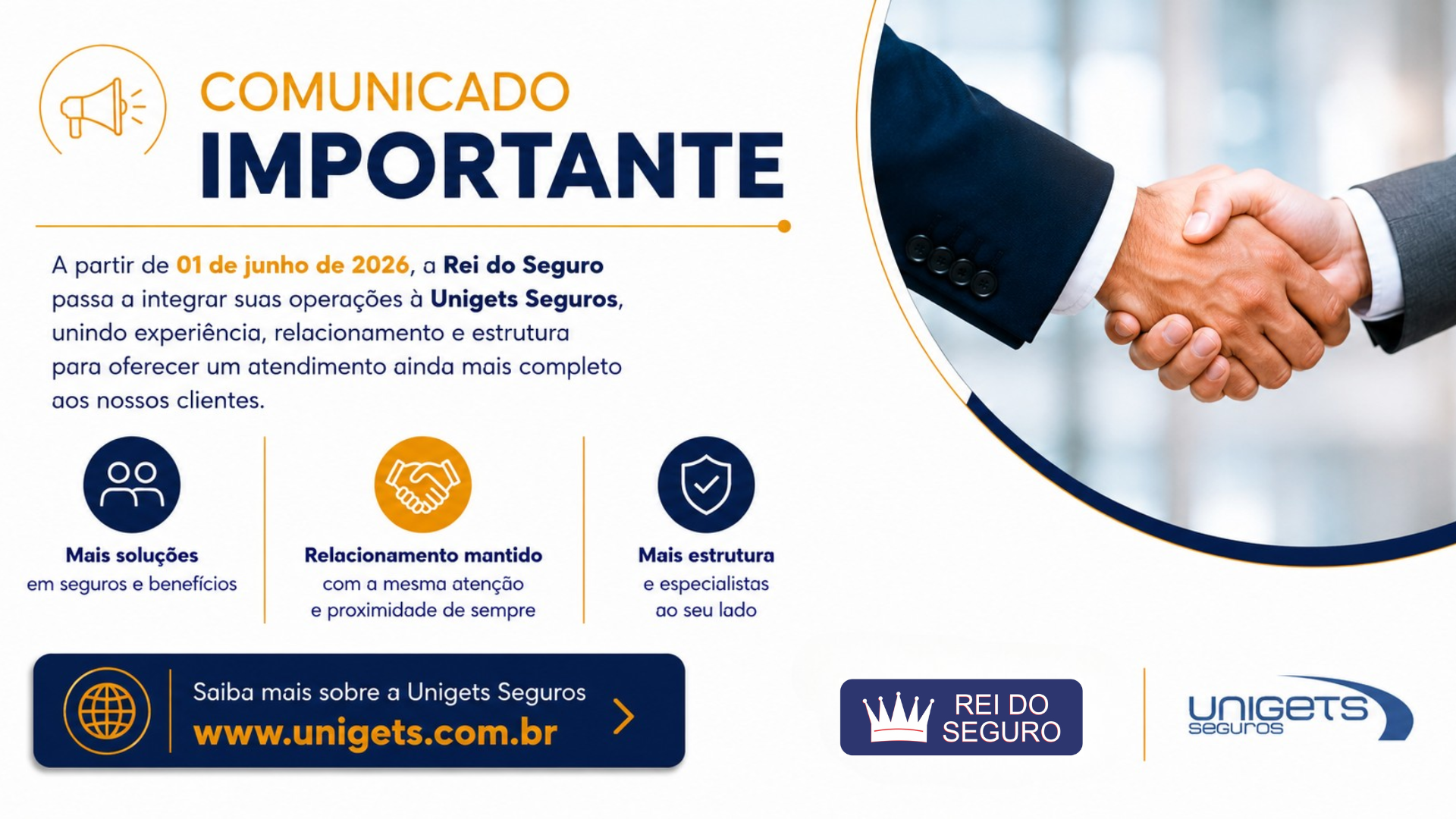 COMUNICADO - A partir de 01 de junho de 2026, a Rei do Seguro passa a integrar as operações à Unigets Seguros.